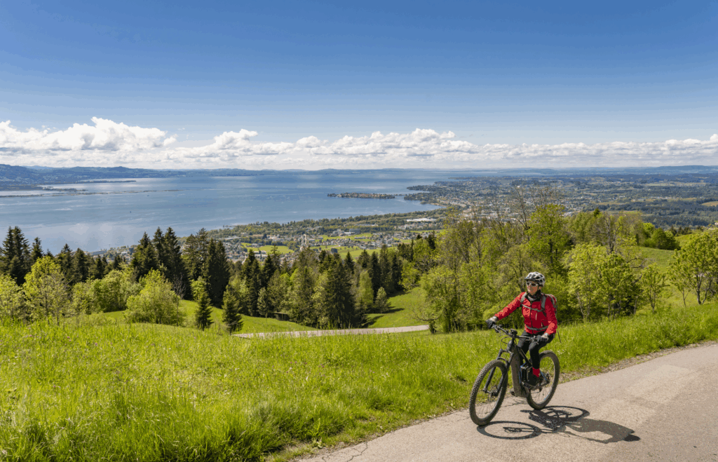 Eine Person fährt auf einem Mountainbike mit Blick auf den Bodensee und die umliegende Landschaft an einem sonnigen Tag.