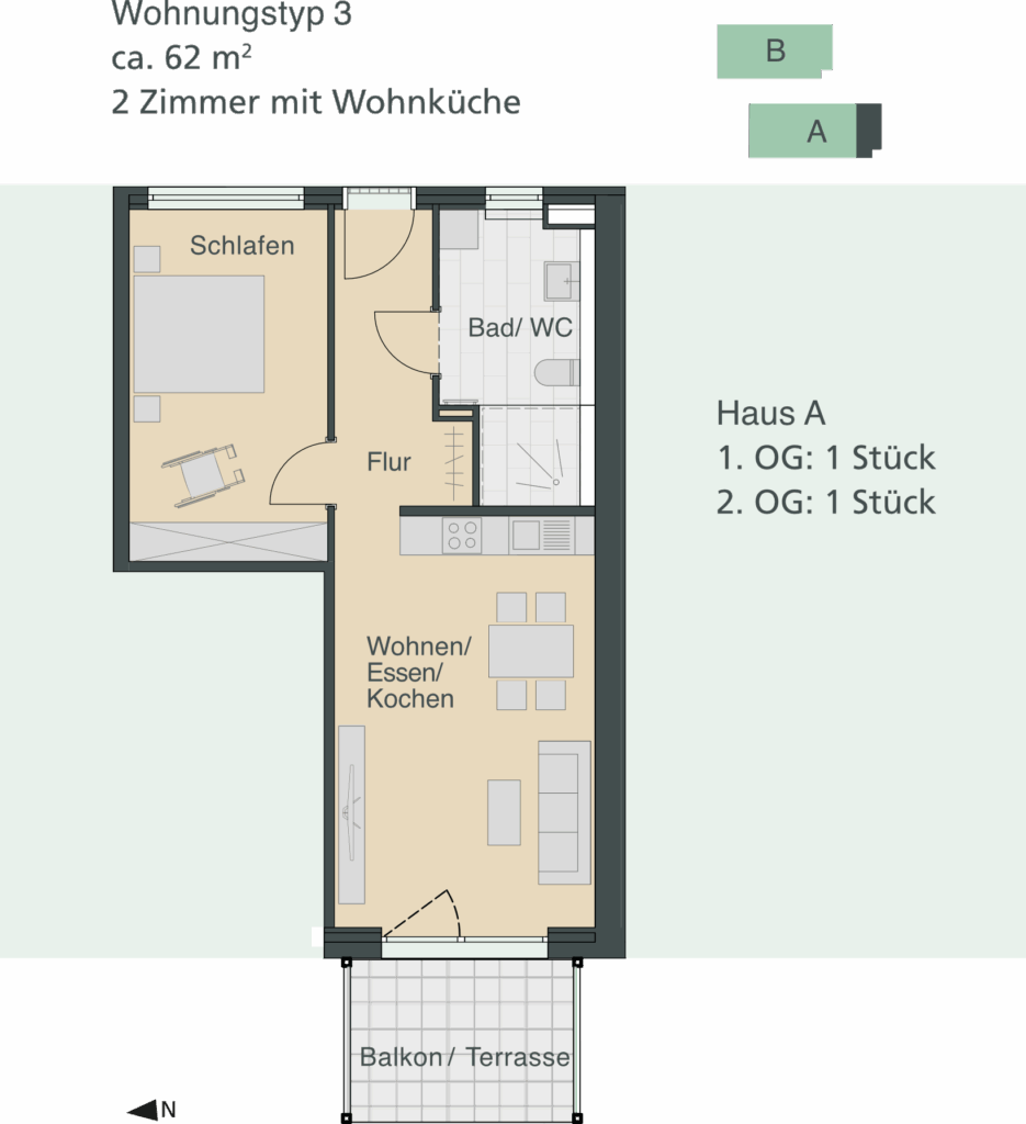 Grundriss einer 62 m² Wohnung mit zwei Zimmern, Wohnküche, Bad/WC und Balkon/Terrasse.