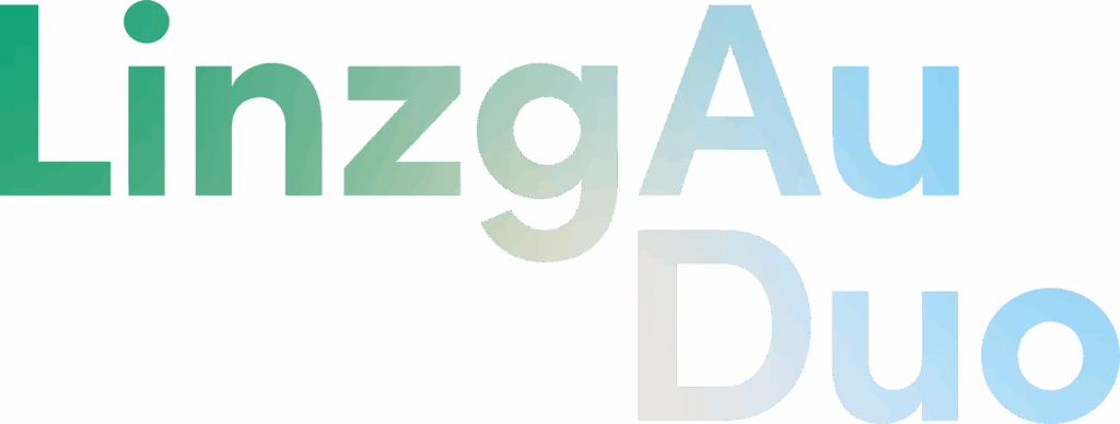 Logo mit der Schrift "LinzgAu Duo" in farbigen, modernen Schriftarten auf transparentem Hintergrund.