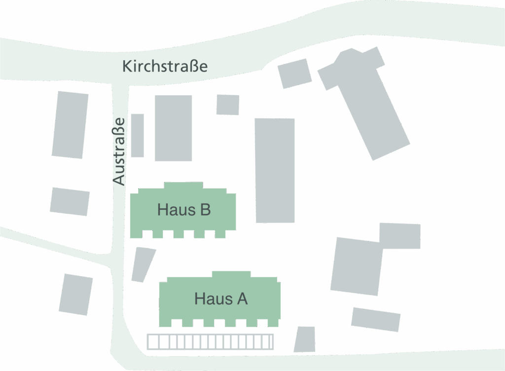Eine schematische Karte mit Gebäuden, Straßen und Beschriftungen "Haus A" und "Haus B" in einem Dorf.