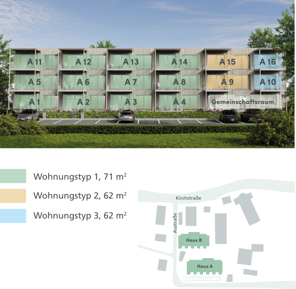 Übersicht der Wohnungen A 1 bis A 16 und des Gemeinschaftsraums in Haus A, farblich nach Wohnungstyp markiert.